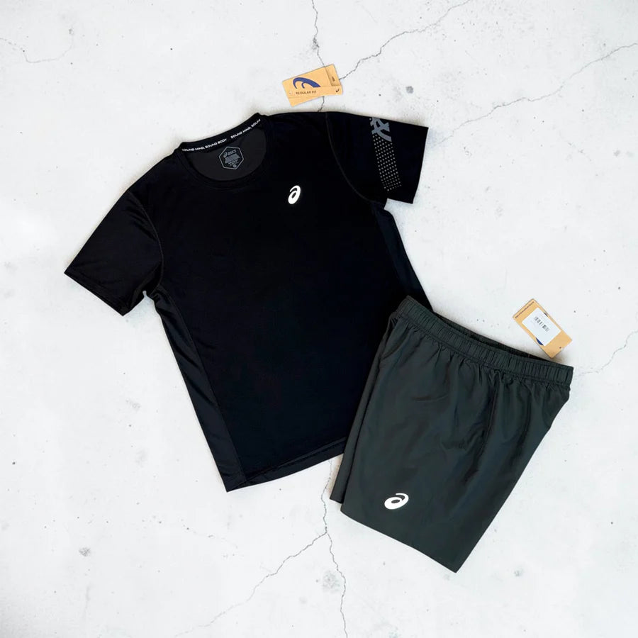 ASICS ICON T-SHIRT AND SHORTS SET - BLACK / DARK GREY