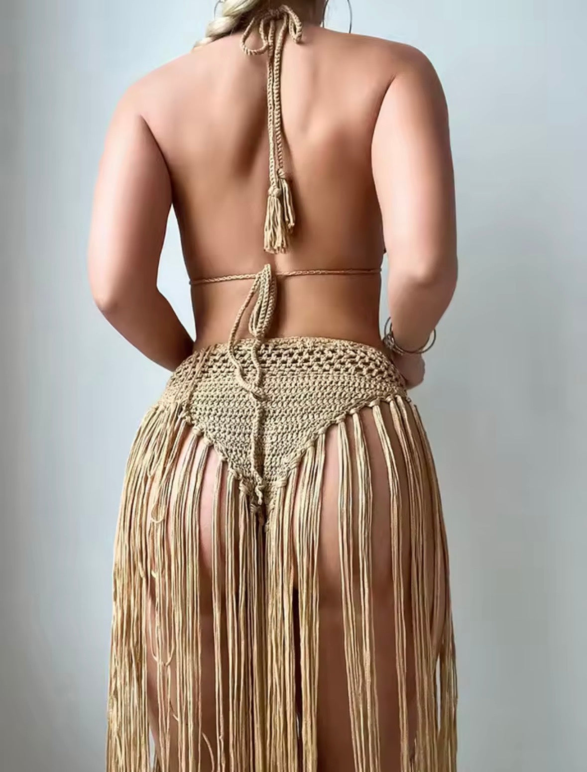Floral Crochet Flower Long Tassel Bikini Set